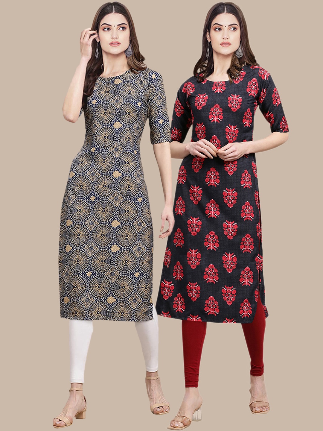

7Threads Pack of 2 Floral Printed Straight Crepe Kurta, Red