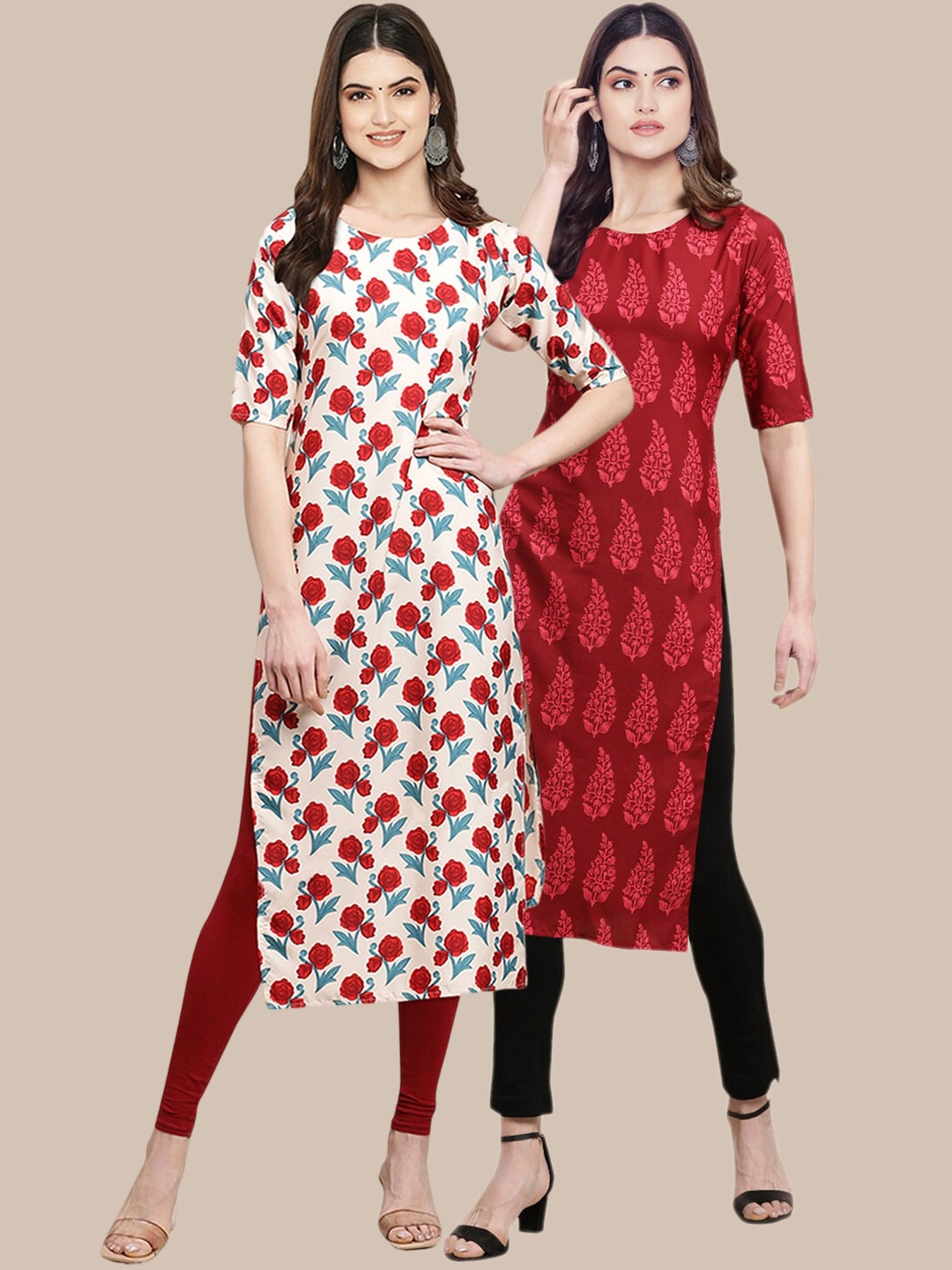 7Threads Women White & Red Pack of 2 Floral Printed Crepe Kurta