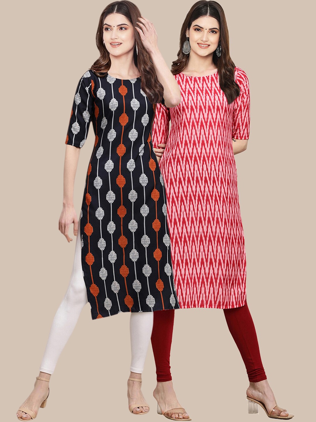 

7Threads Pack Of 2 Ethnic Motifs Printed Round Neck Crepe Kurtas, Black