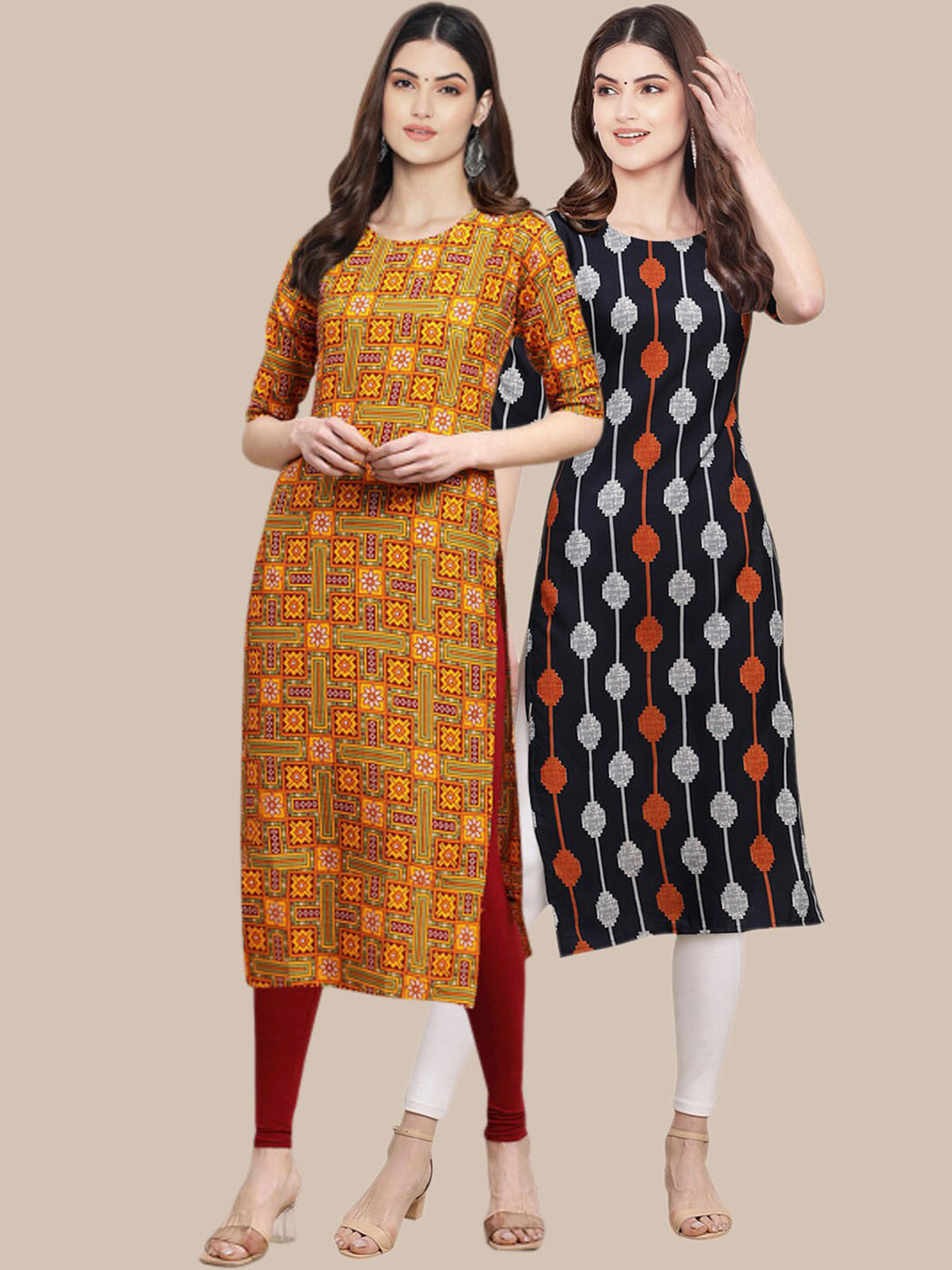 

7Threads Women Black & Yellow Pack of 2 Ethnic Motifs Printed Crepe Kurta
