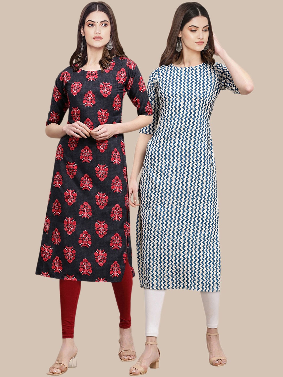 

7Threads Pack Of 2 Ethnic Motifs Printed Crepe Kurta, Black