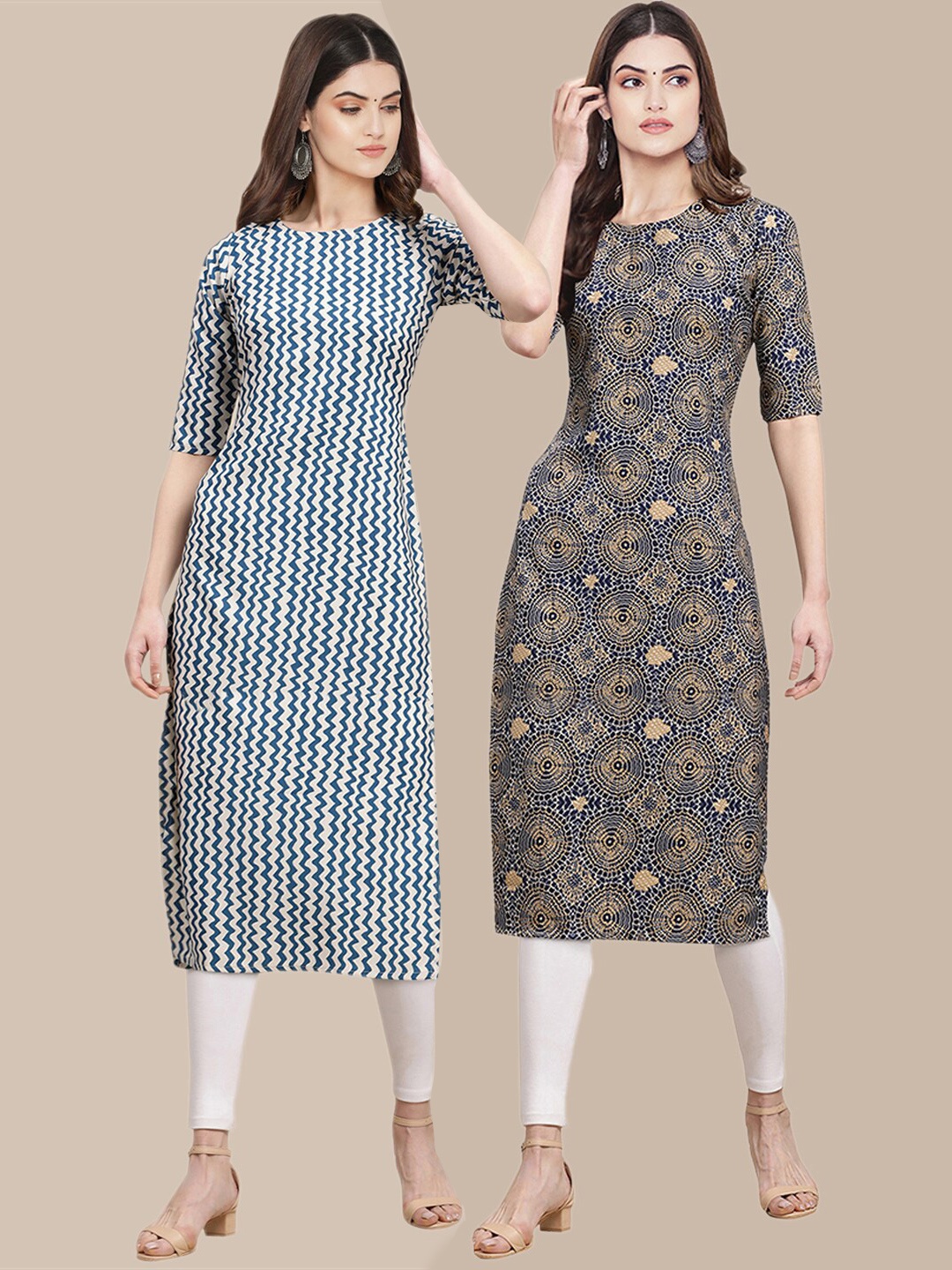 7Threads Women Blue & Beige Pack of 2 Geometric Printed Crepe Kurta