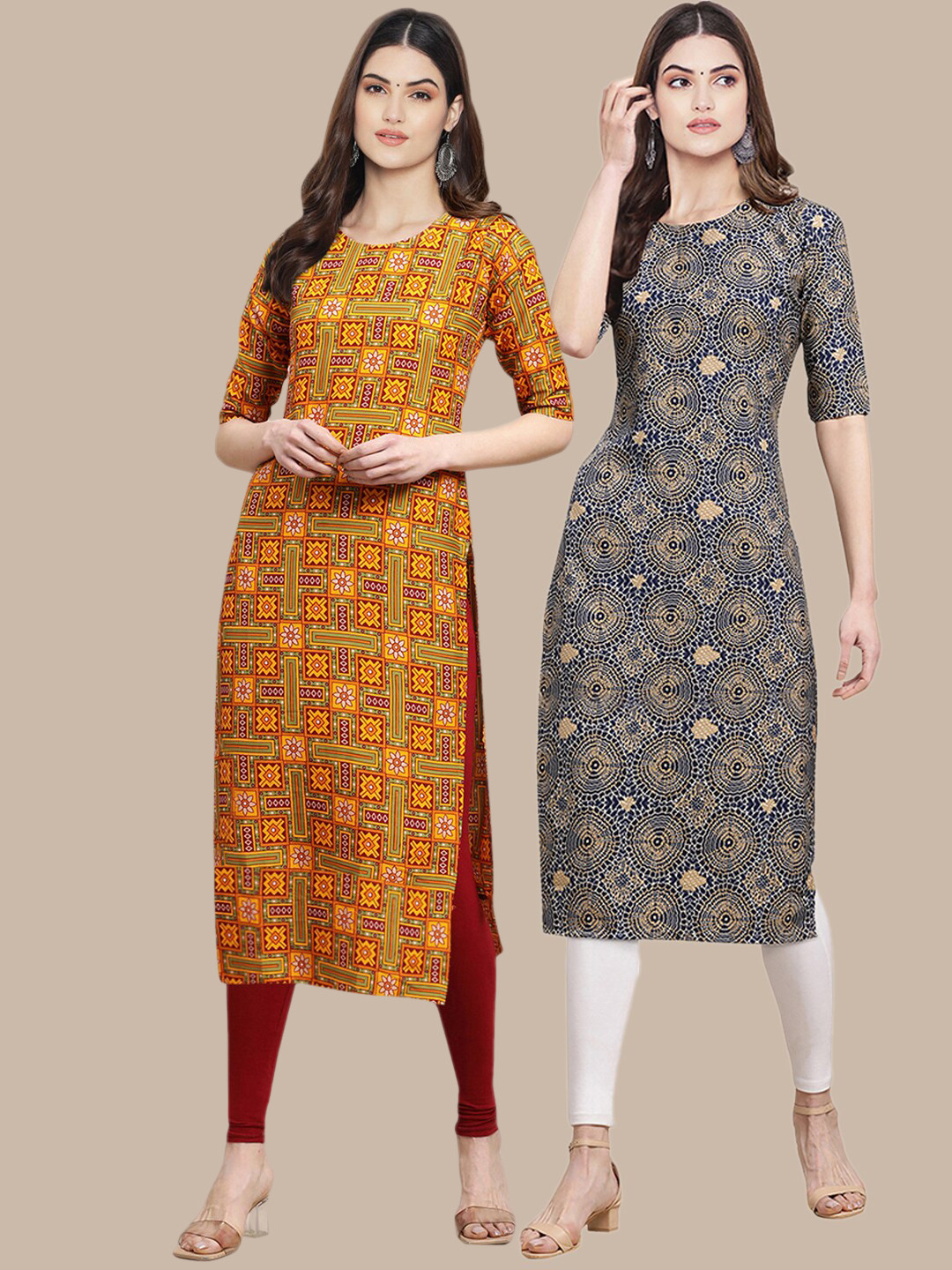 

7Threads Pack of 2 Printed Crepe Kurtas, Mustard
