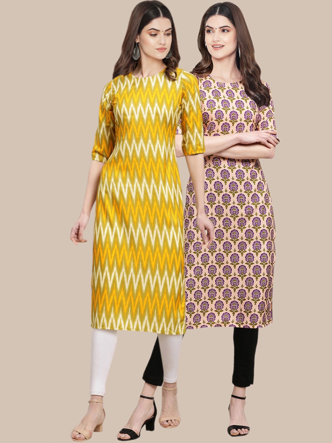 

7Threads Pack of 2 Printed Crepe Kurtas, Yellow