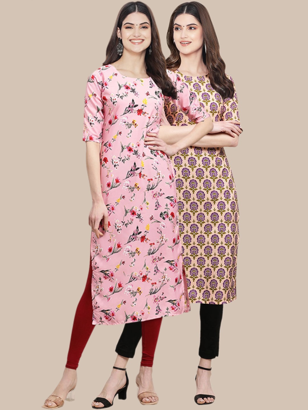 

7Threads Pack of 2 Printed Crepe Kurtas, Pink