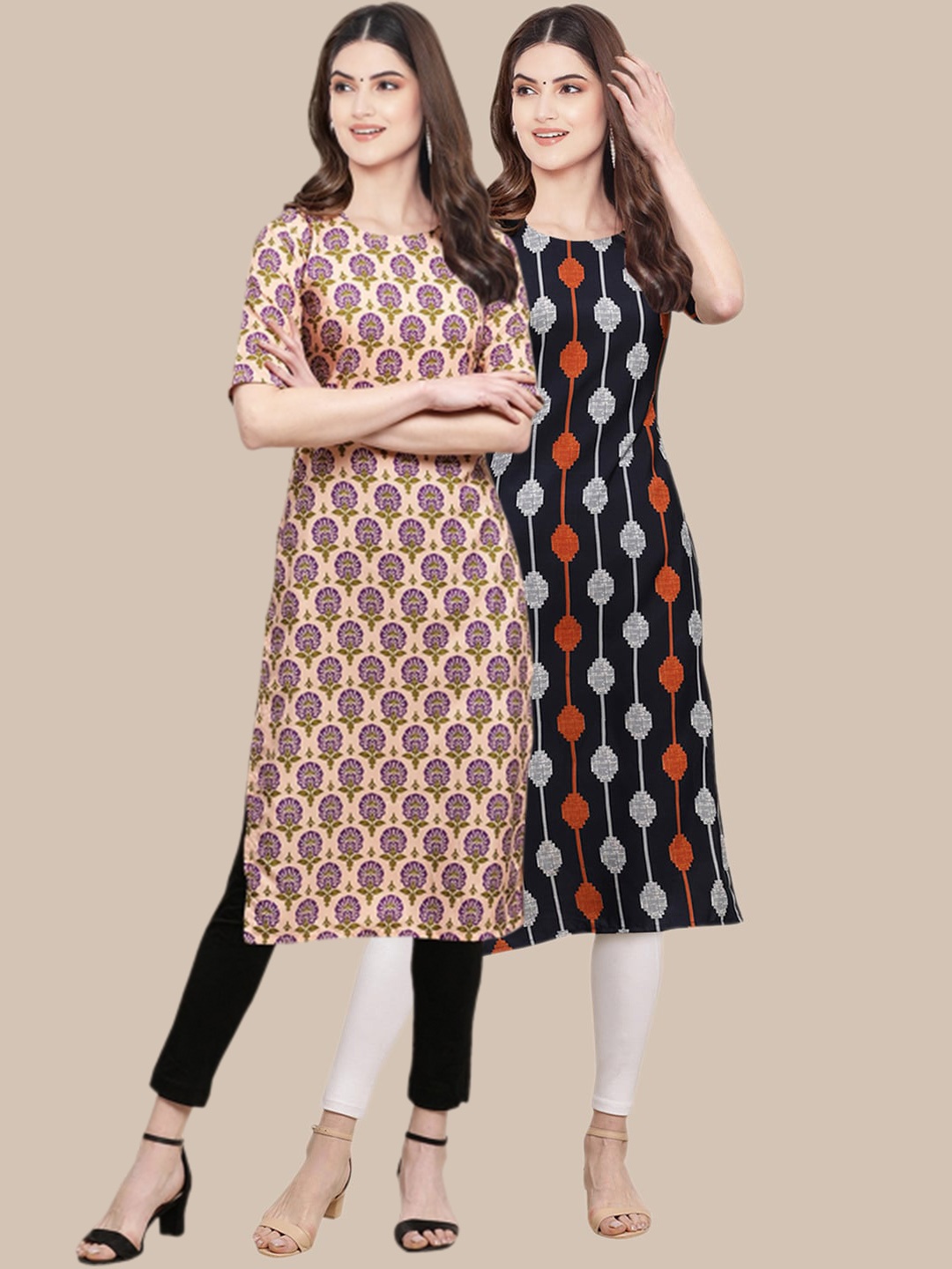 

7Threads Pack of 2 Ethnic Motifs Printed Crepe Kurtas, Peach