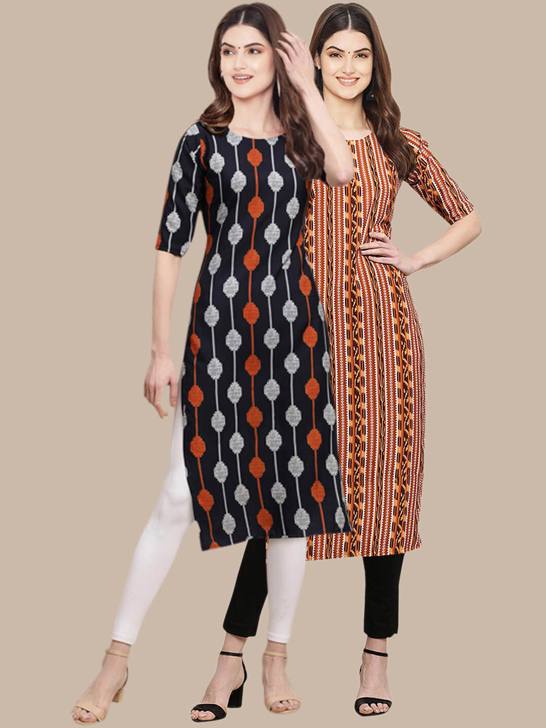 

7Threads Women Pack of 2 Black & Brown Printed Crepe Kurtas