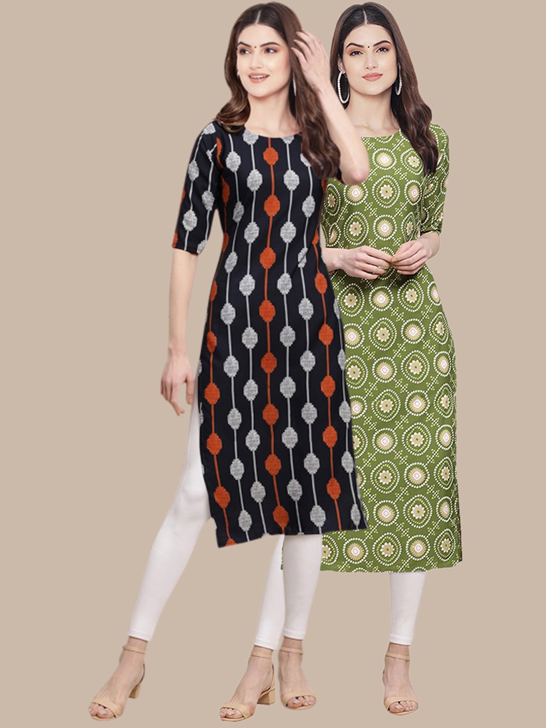

7Threads Pack of 2 Ethnic Motifs Printed Crepe Kurtas, Black