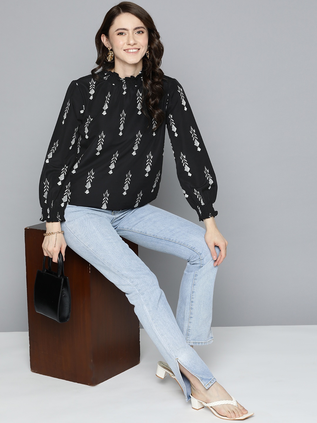 

HERE&NOW Women Black & White Printed Top