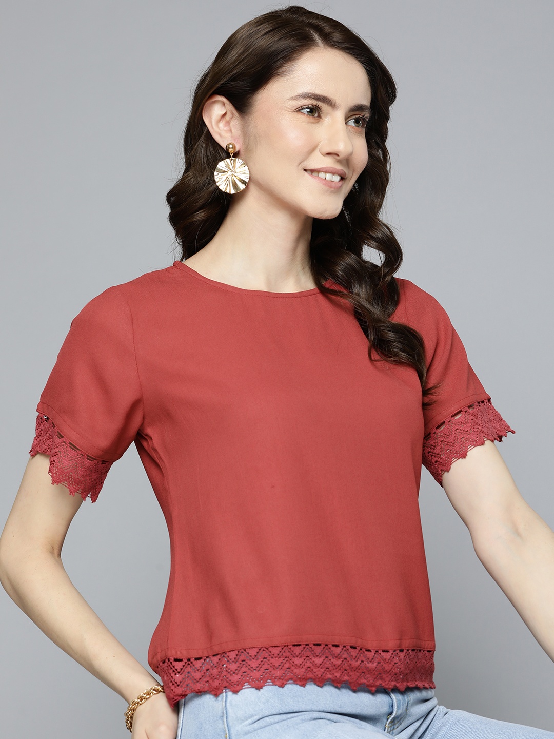 

HERE&NOW Women Maroon Solid Lace Inserts Top