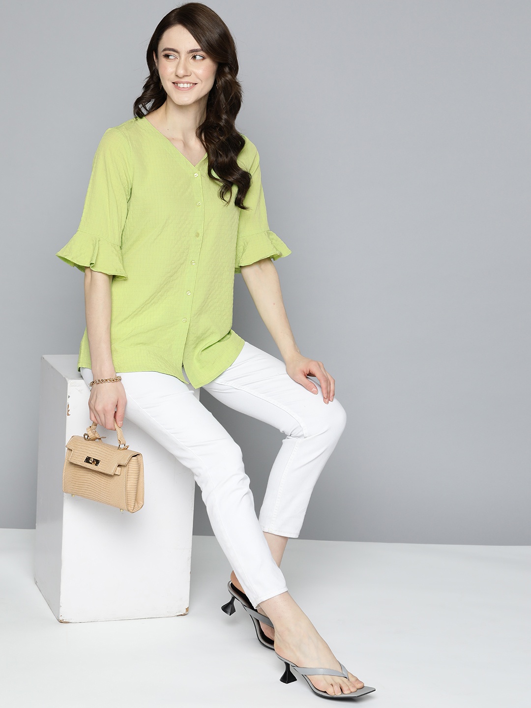 

HERE&NOW Women Lime Green Checked Textured Shirt Style Top
