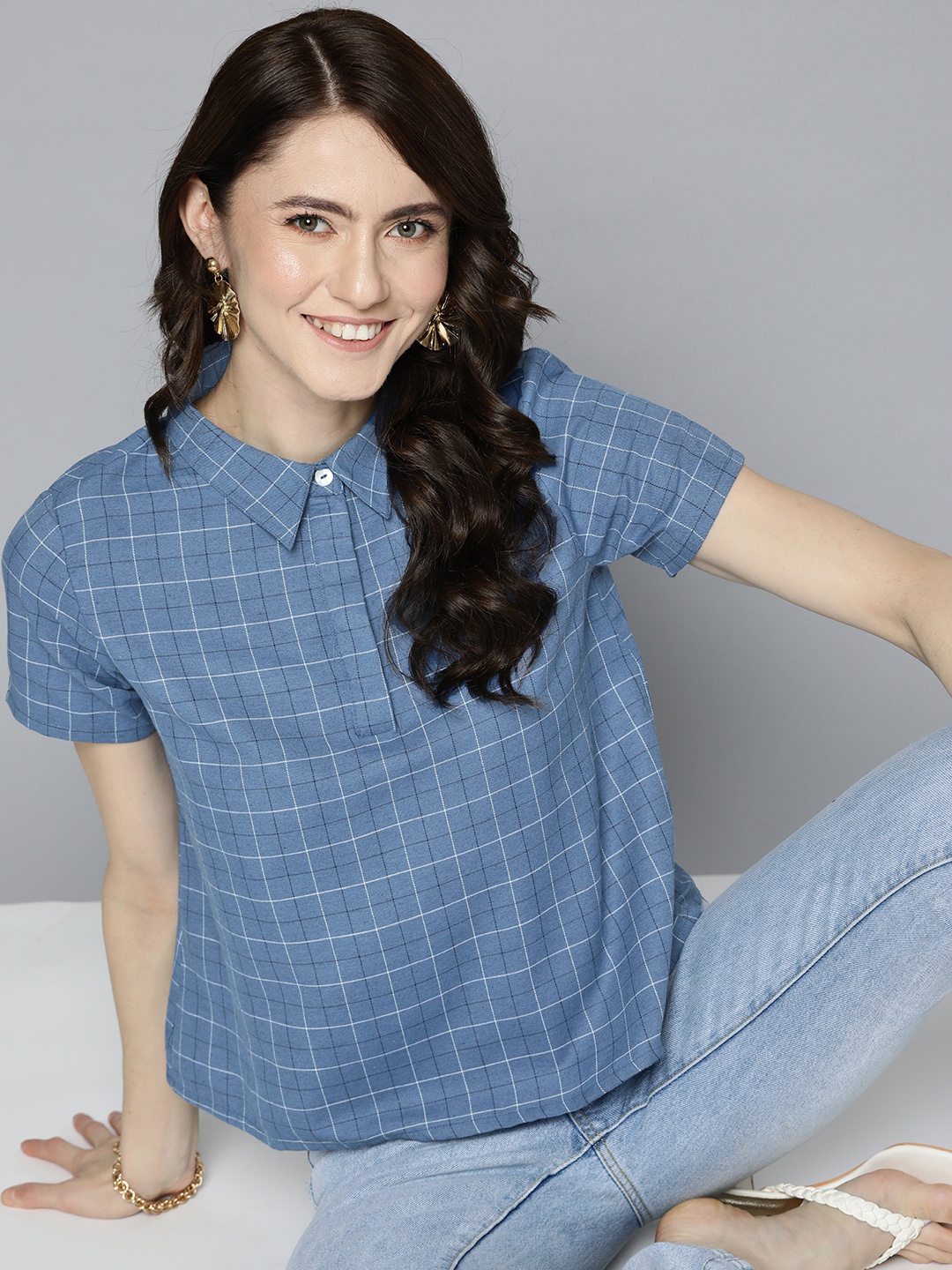 

HERE&NOW Women Blue Checked Pure Cotton Top