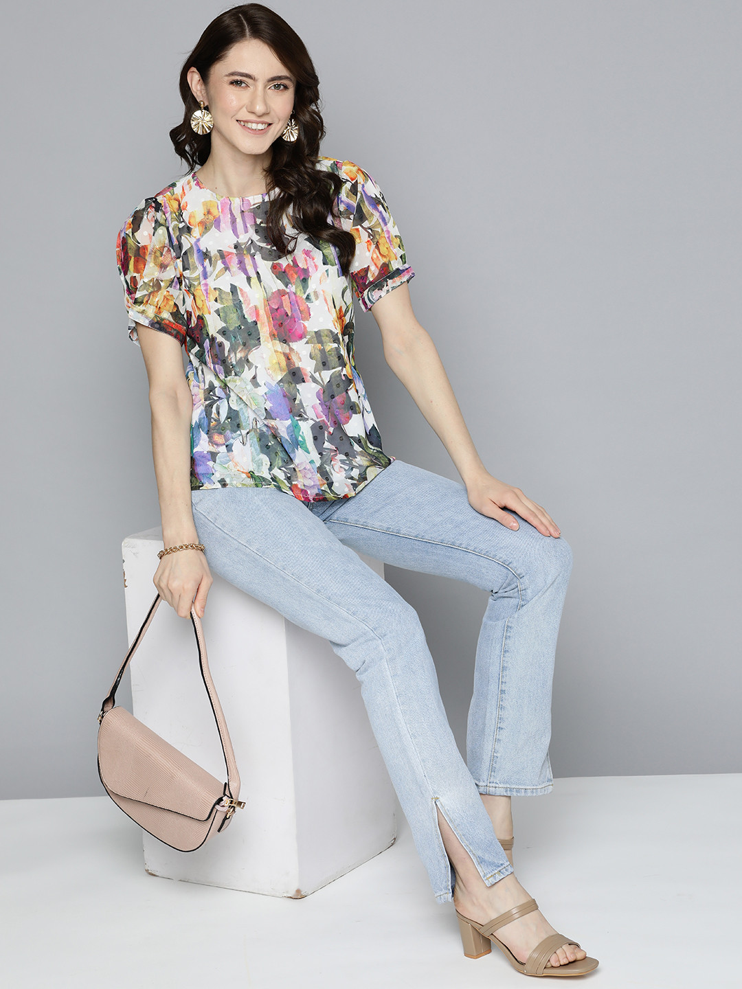 

HERE&NOW Women White & Yellow Floral Print Dobby Detail Top