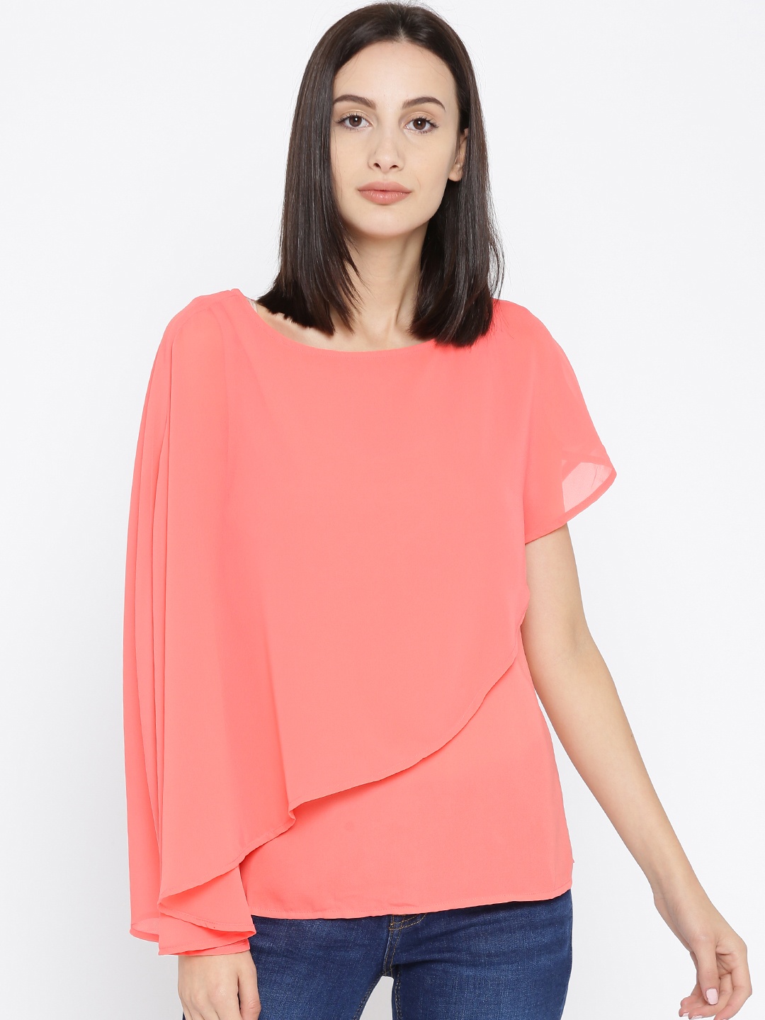 

Annabelle by Pantaloons Women Coral Pink Solid Cape Top