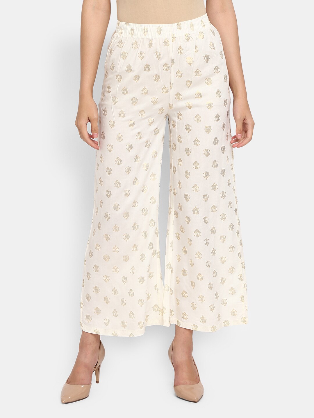 

V-Mart Women Off White & Gold-Toned Ethnic Motifs Printed Ethnic Palazzos