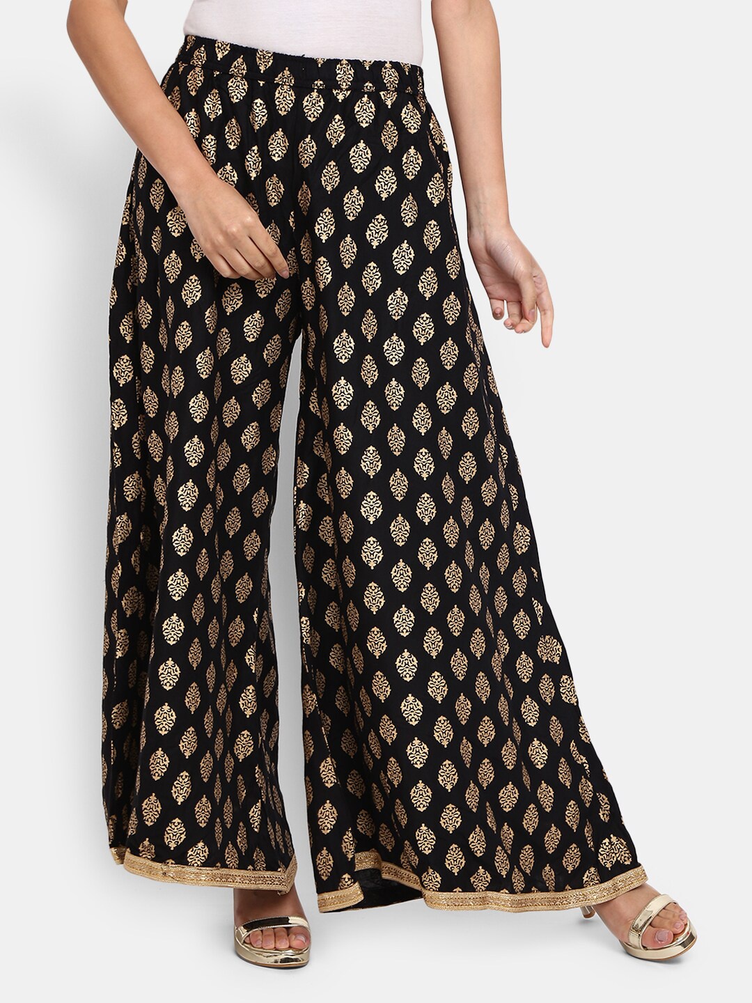 

V-Mart Women Black & Gold-Toned Ethnic Motifs Printed Flared Ethnic Palazzos