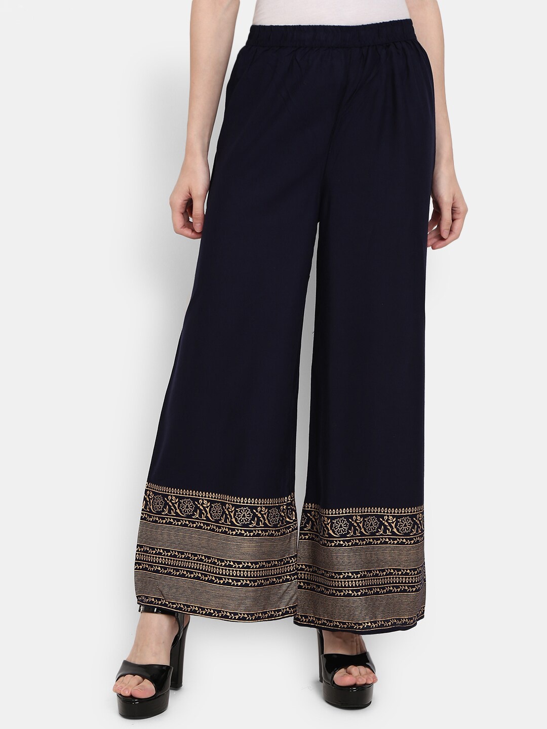 

V-Mart Women Navy Blue & Gold-Toned Ethnic Motifs Printed Ethnic Palazzos