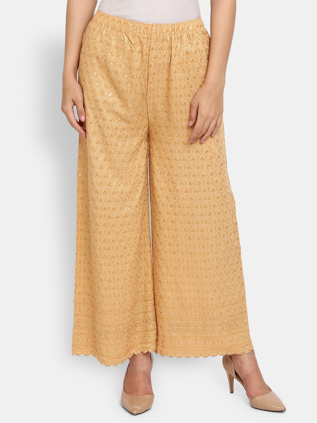 

V-Mart Women Beige & Gold-Toned Floral Embroidered Ethnic Palazzos