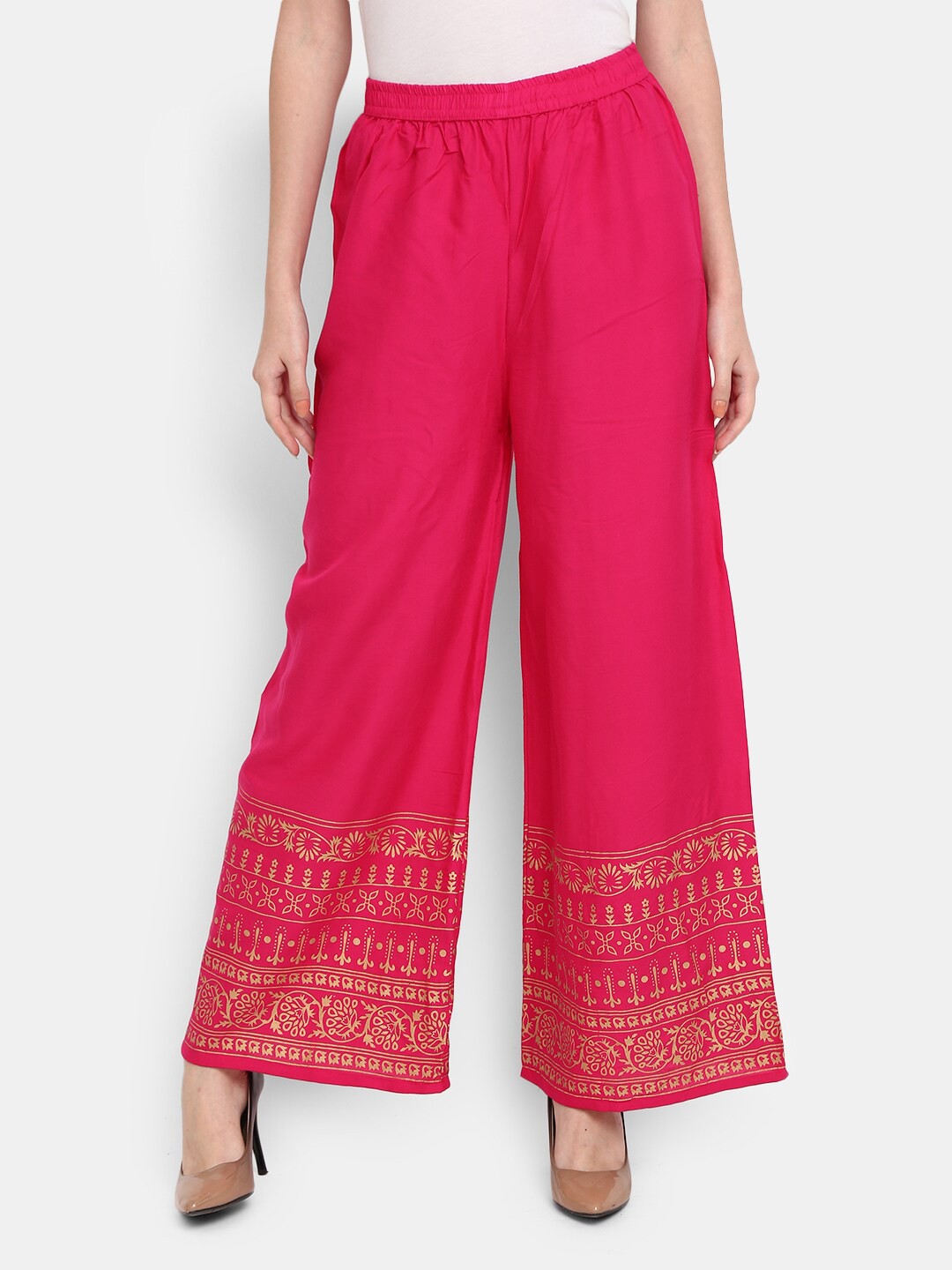 

V-Mart Women Fuchsia & Gold-Toned Ethnic Motifs Printed Ethnic Palazzos
