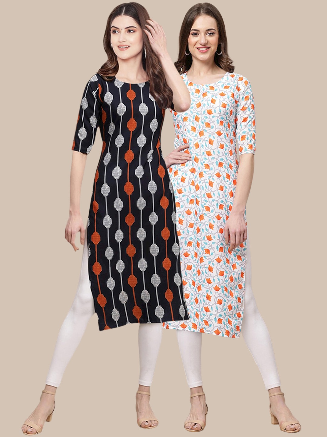 7Threads Pack Of 2 Ethnic Motifs Printed Crepe Kurtas, Black