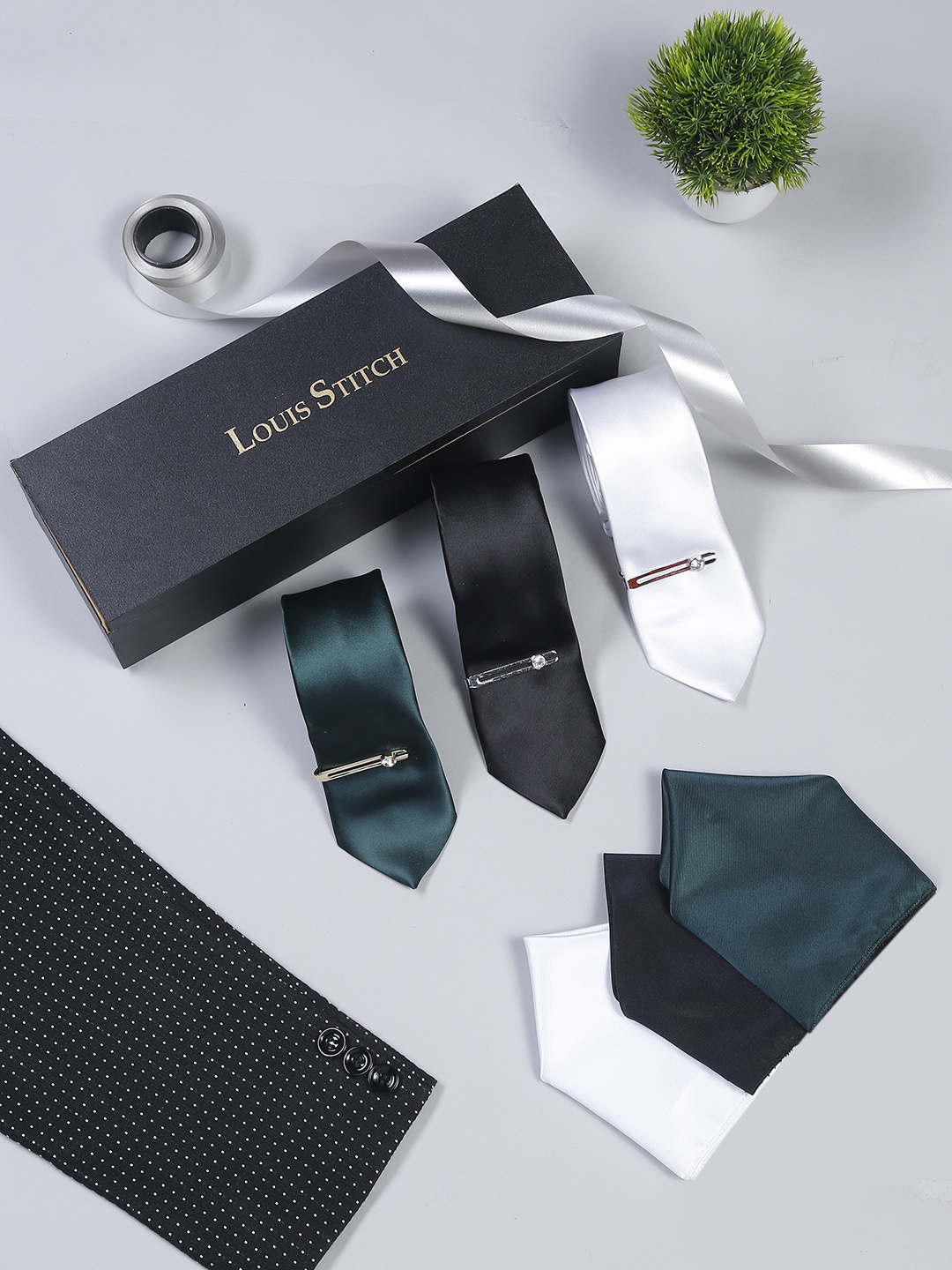 

LOUIS STITCH Men Set of 3 Solid Necktie With 3 Pocket Square 2 Tie Pin, Black
