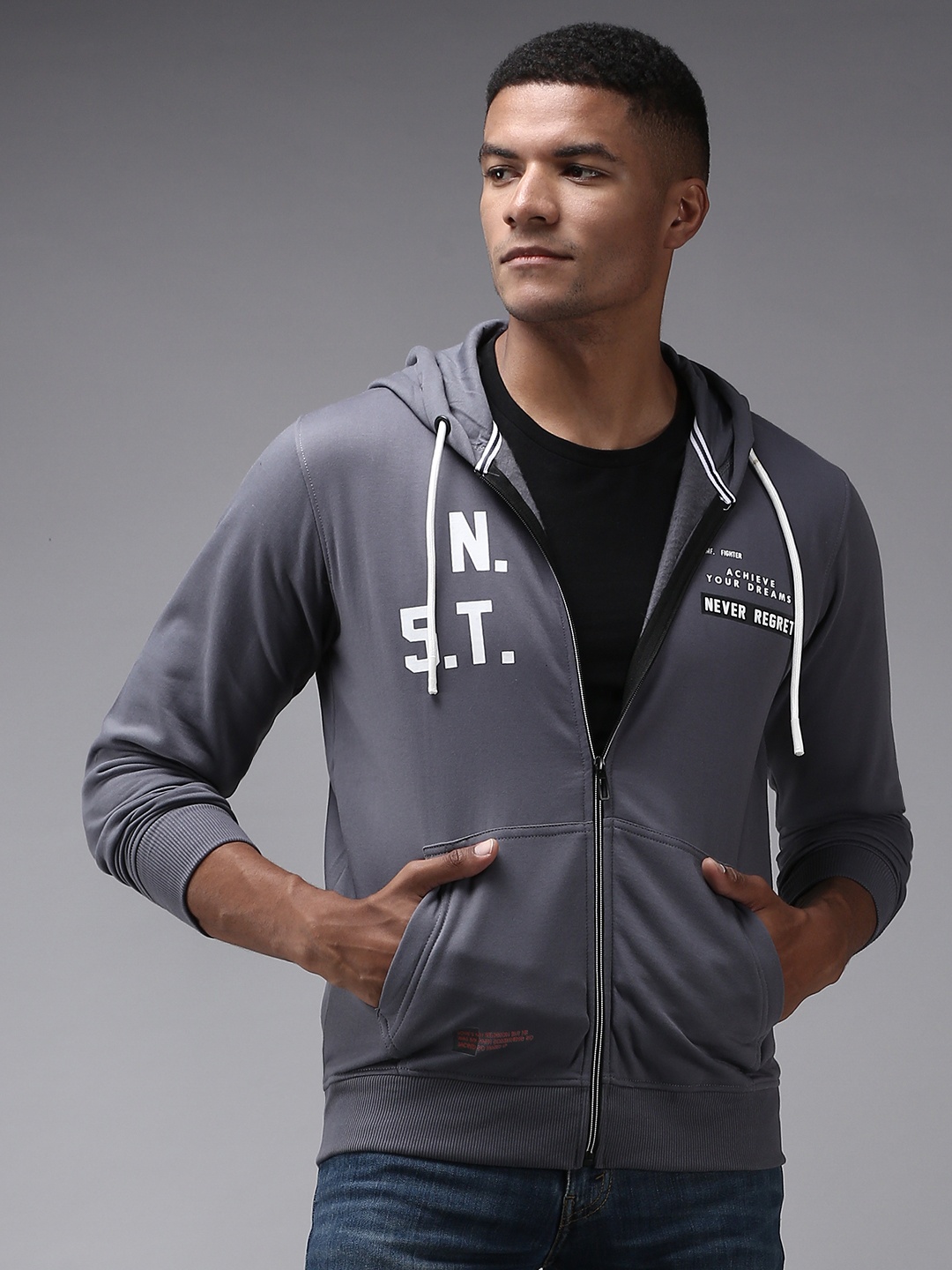

SHOWOFF Men Grey Printed Hooded Cotton Sweatshirt