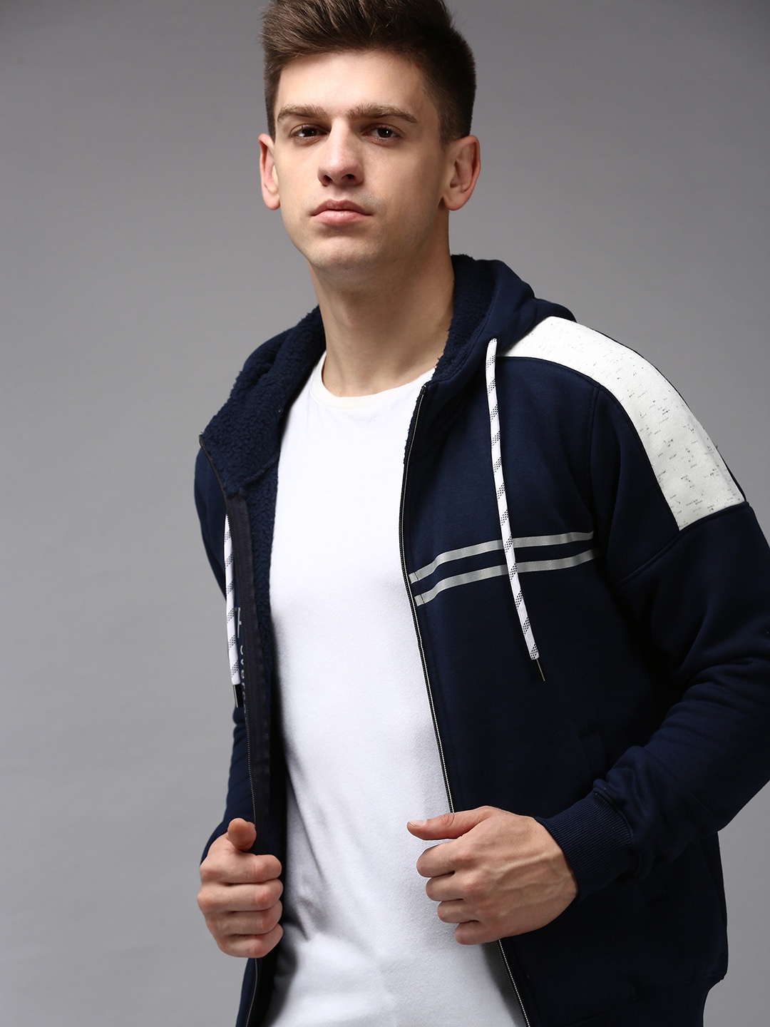 SHOWOFF Men Navy Blue Hooded Cotton Sweatshirt