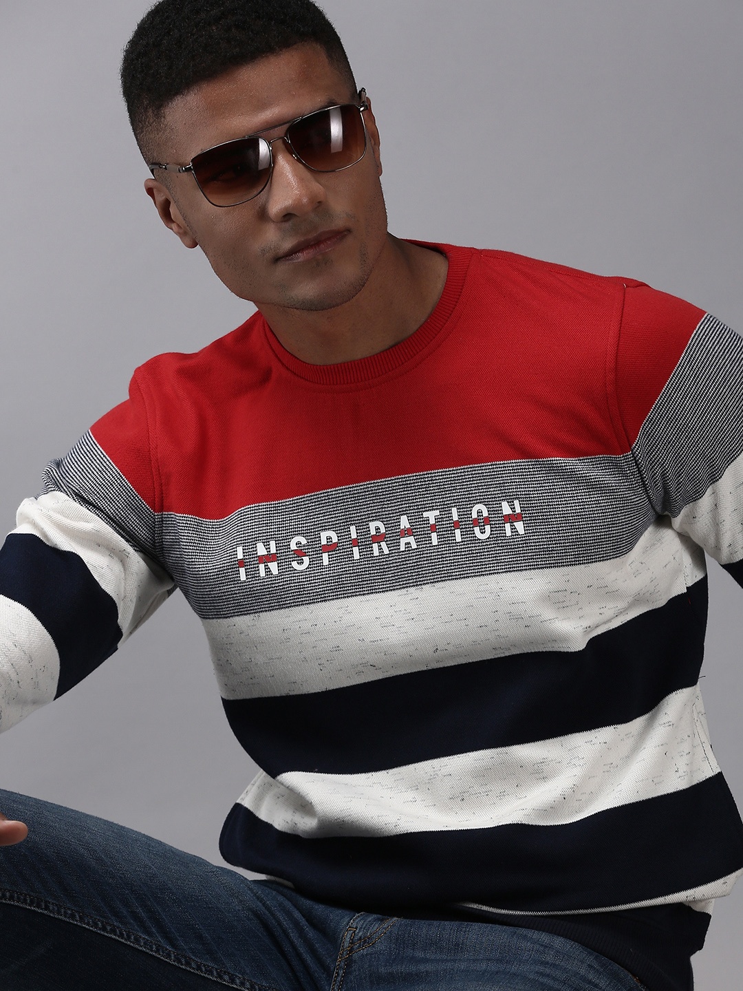 

SHOWOFF Men Off White Striped Cotton Sweatshirt