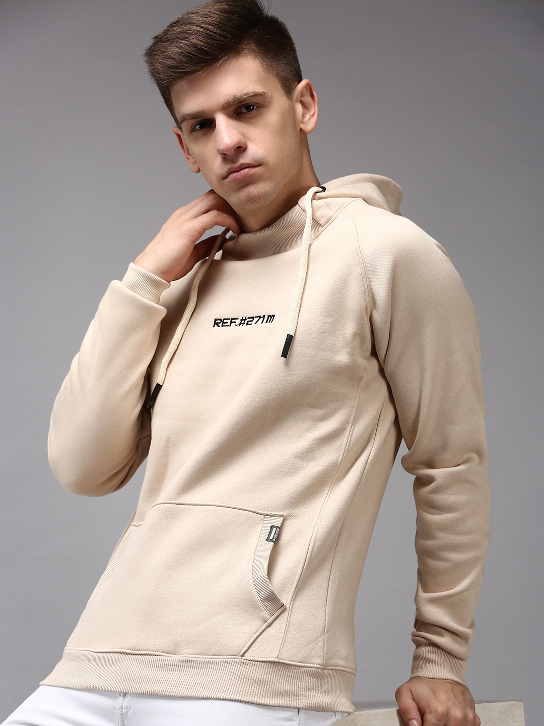 SHOWOFF Men Beige Printed Hooded Cotton Sweatshirt