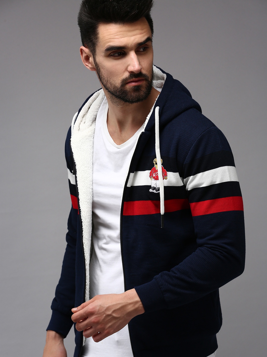 

SHOWOFF Men Navy Blue Colourblocked Hooded Cotton Sweatshirt