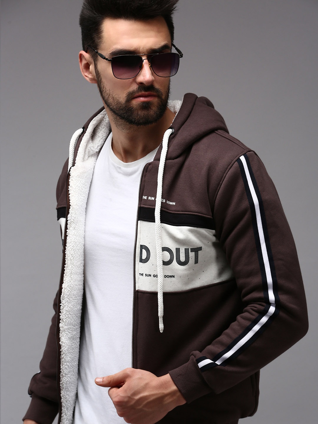 

SHOWOFF Men Coffee Brown Printed Hooded Cotton Sweatshirt