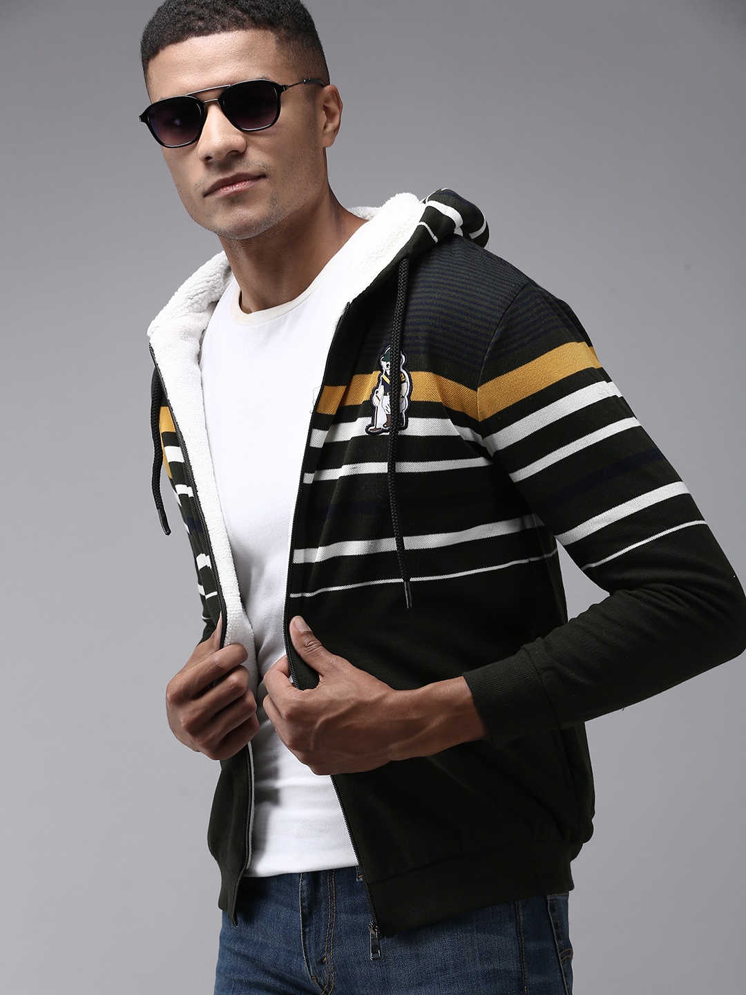 

SHOWOFF Men Olive Green Striped Hooded Cotton Sweatshirt