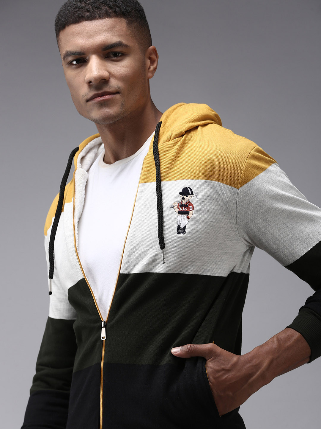 

SHOWOFF Men Yellow & White Colourblocked Cotton Hooded Sweatshirt