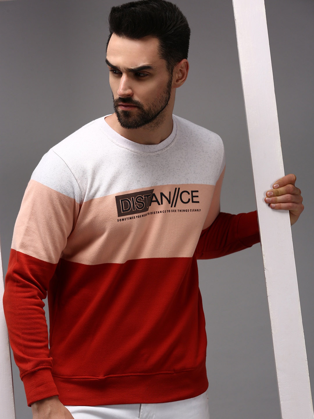 SHOWOFF Men Rust & Peach Colourblocked Cotton Sweatshirt