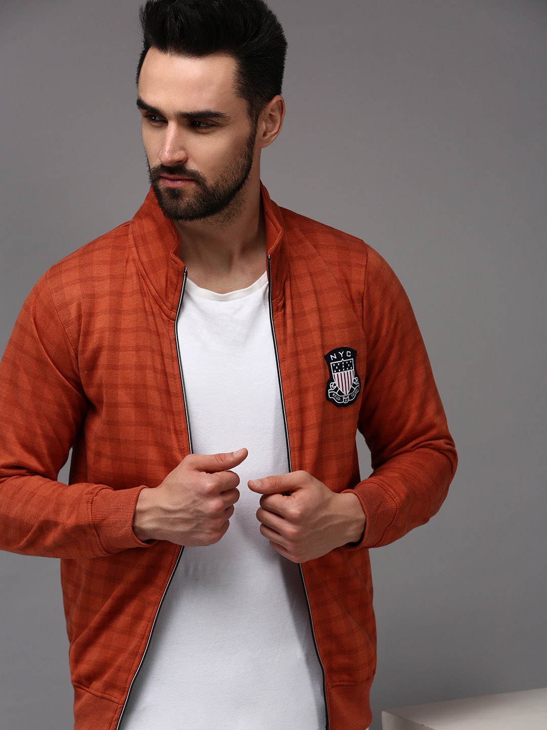 SHOWOFF Men Rust Checked Cotton Sweatshirt