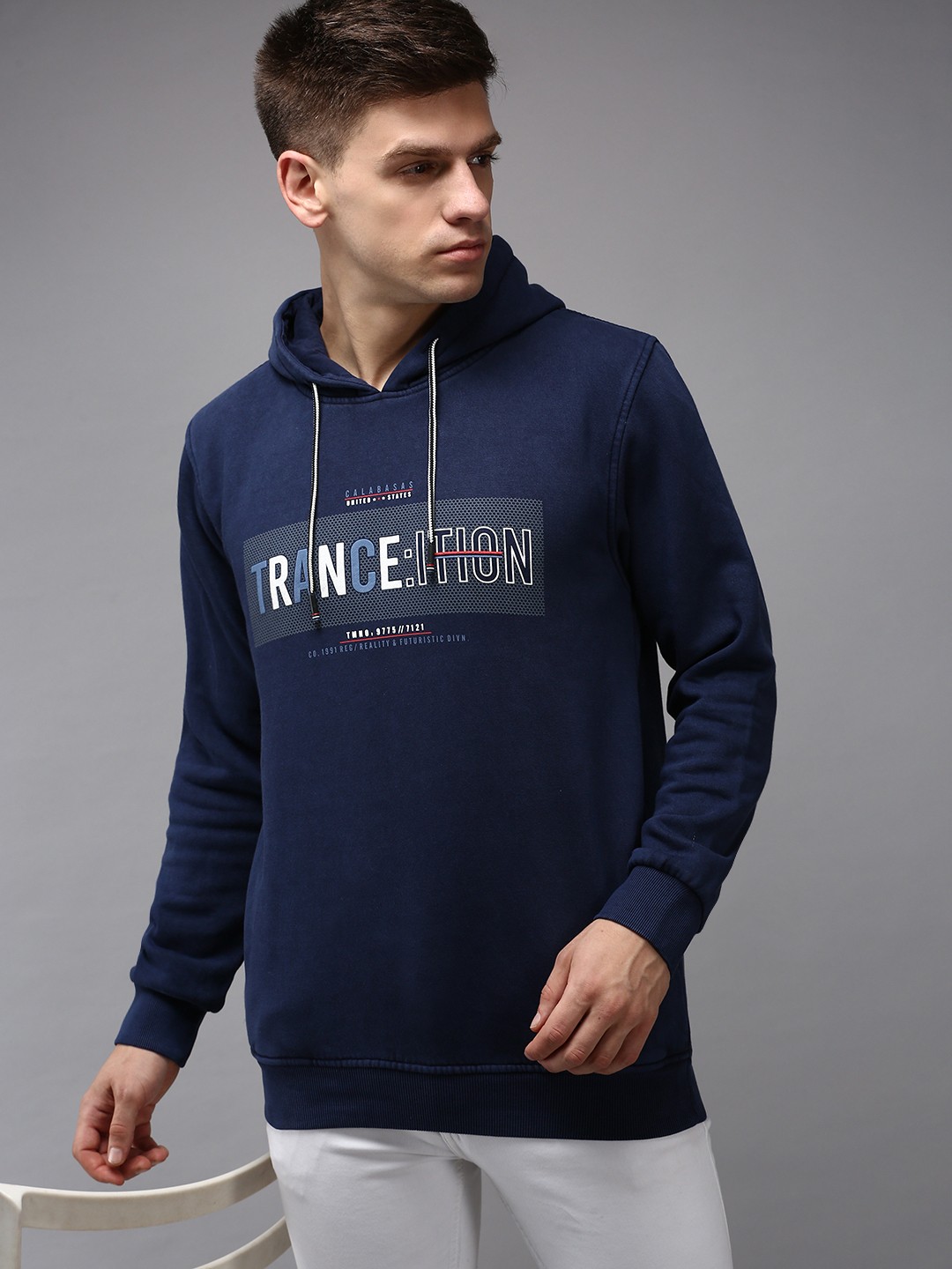 

SHOWOFF Men Navy Blue Printed Hooded Cotton Sweatshirt