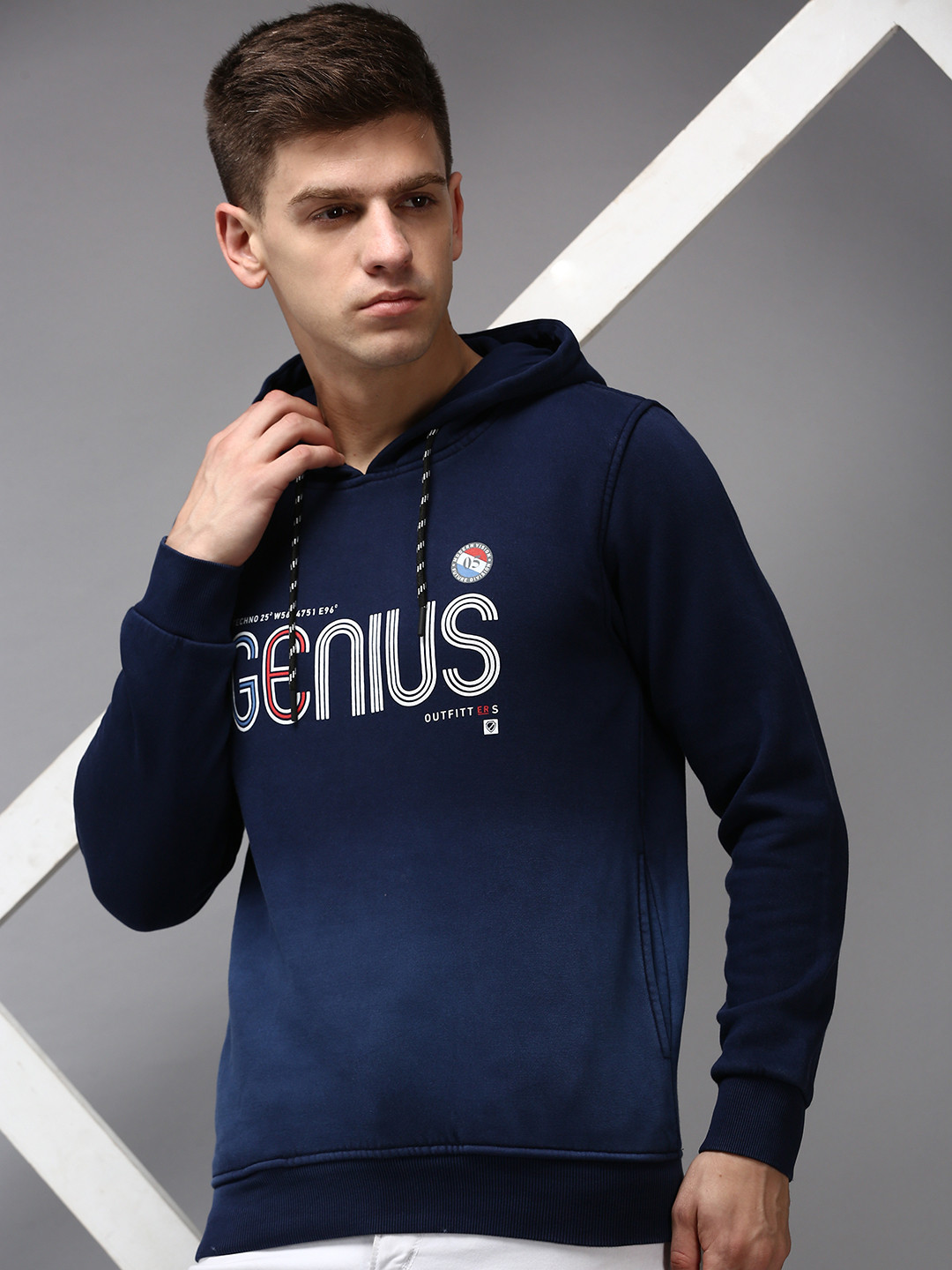 

SHOWOFF Men Navy Blue Printed Hooded Cotton Sweatshirt