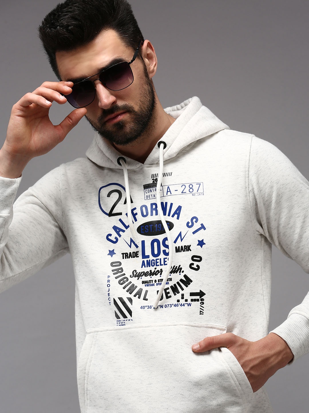 

SHOWOFF Men Off White Printed Hooded Cotton Sweatshirt