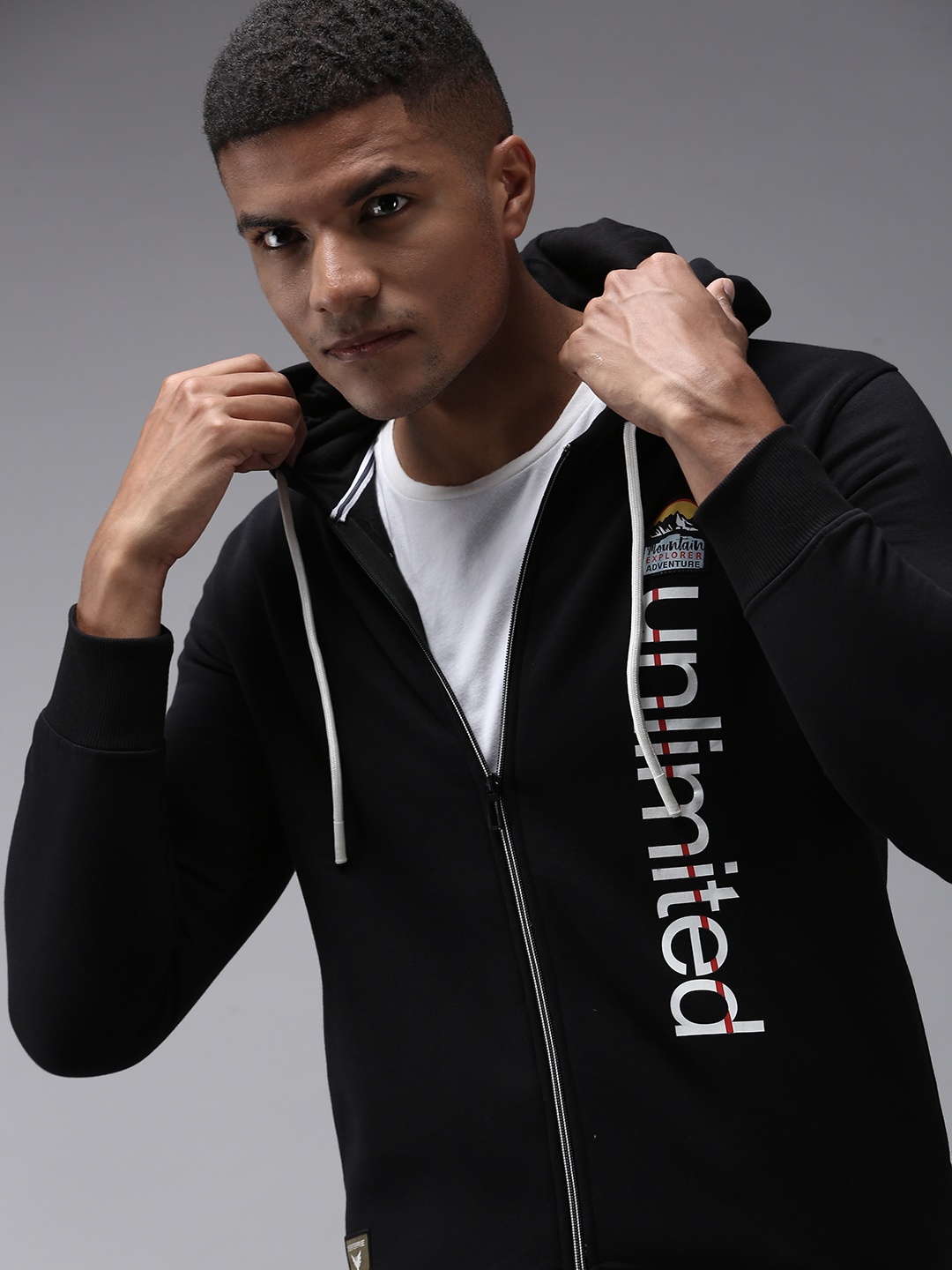 SHOWOFF Men Black Printed Hooded Cotton Sweatshirt