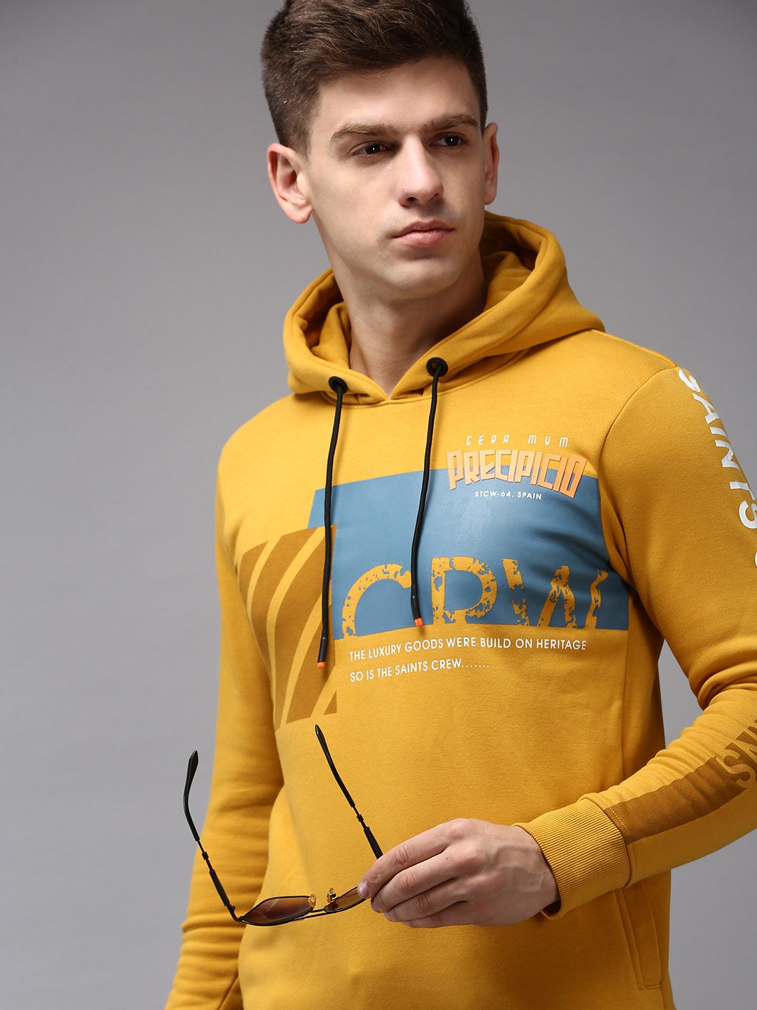 

SHOWOFF Men Mustard Printed Cotton Hooded Sweatshirt