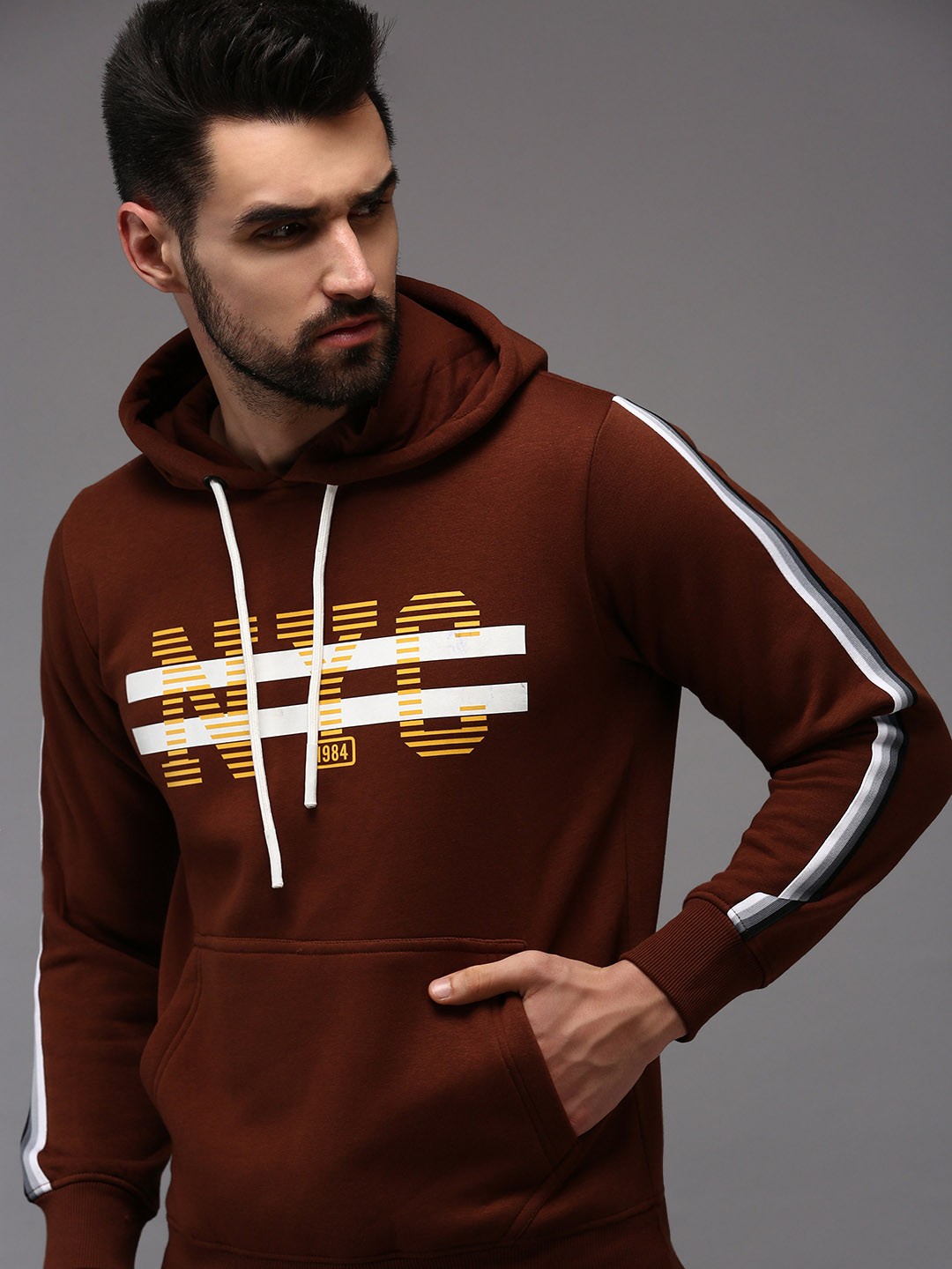 

SHOWOFF Men Brown Printed Hooded Cotton Sweatshirt