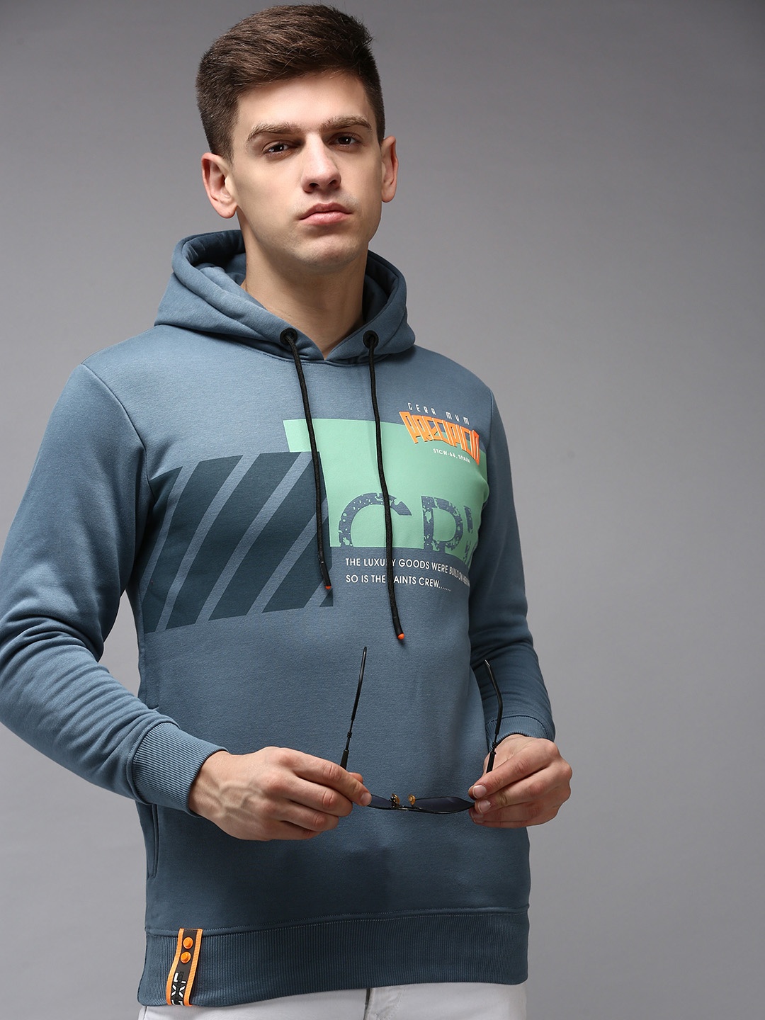 

SHOWOFF Men Blue Printed Hooded Cotton Sweatshirt