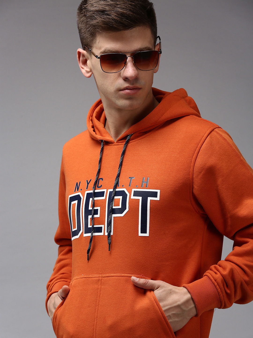 

SHOWOFF Men Orange Printed Hooded Cotton Sweatshirt