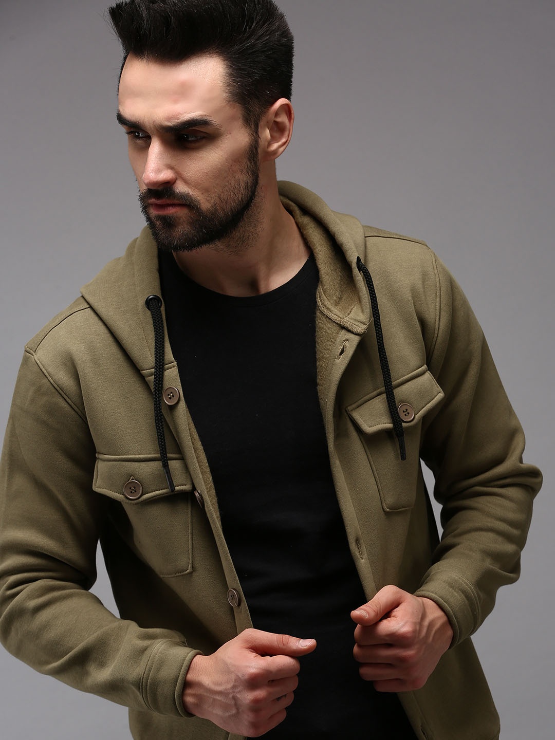 

SHOWOFF Men Olive Green Hooded Cotton Sweatshirt