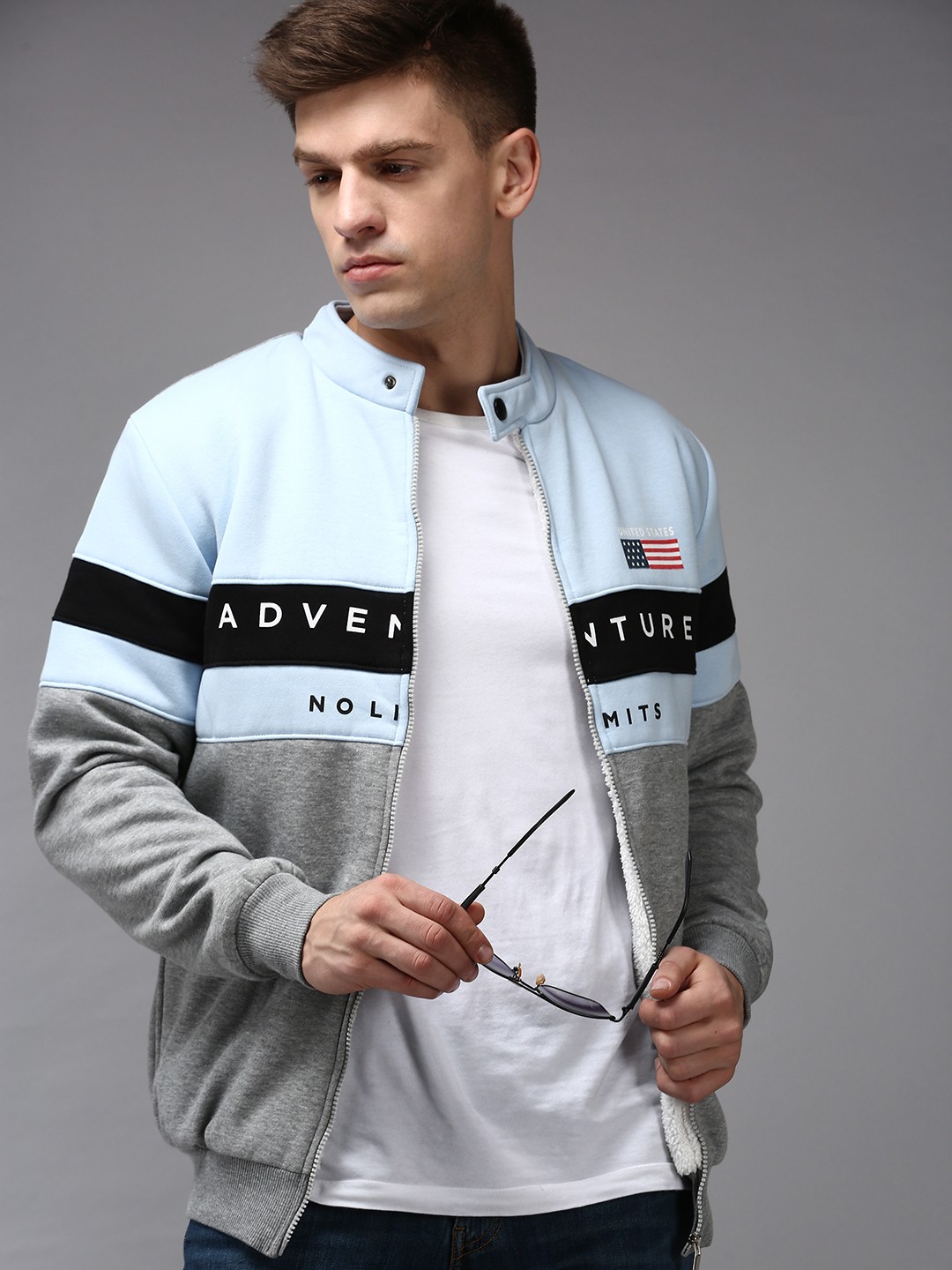 

SHOWOFF Men Grey Melange & Blue Printed Cotton Sweatshirt