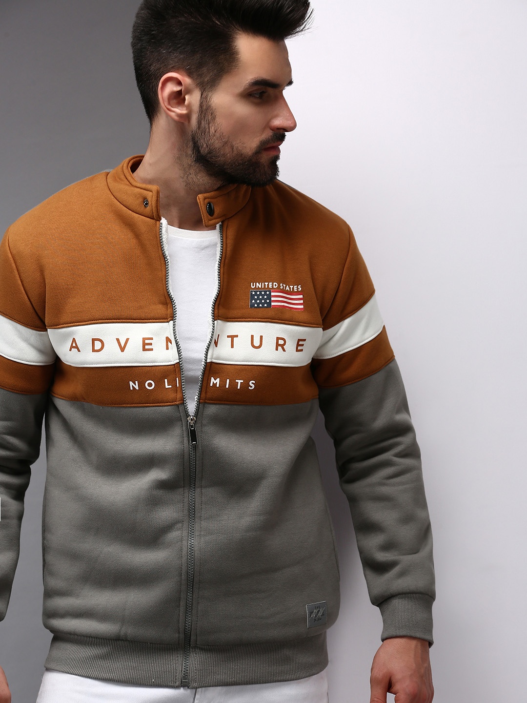 SHOWOFF Men Grey & Brown Typography Printed Cotton Sweatshirt