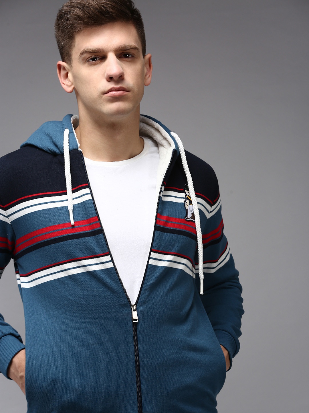 

SHOWOFF Men Teal Striped Hooded Cotton Sweatshirt