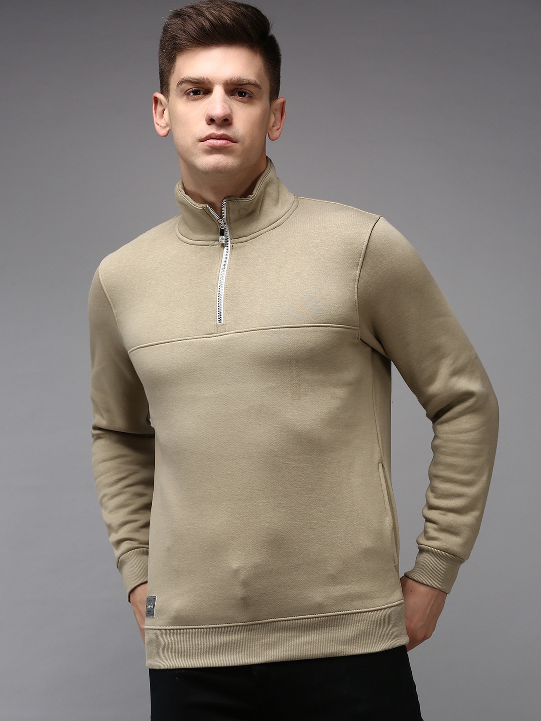 

SHOWOFF Men Khaki Half Zipper Cotton Sweatshirt