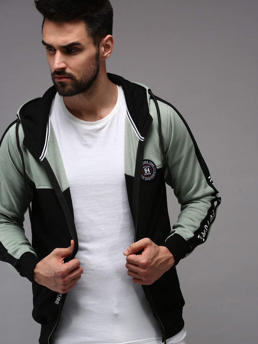 

SHOWOFF Men Sea Green & Black Colourblocked Hooded Cotton Sweatshirt