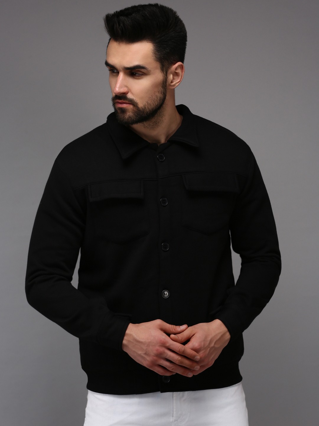 

SHOWOFF Men Black Solid Shirt Collar Cotton Sweatshirt